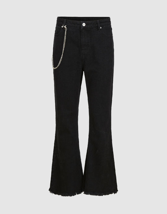 Raw Hem Flare Jeans With Chain