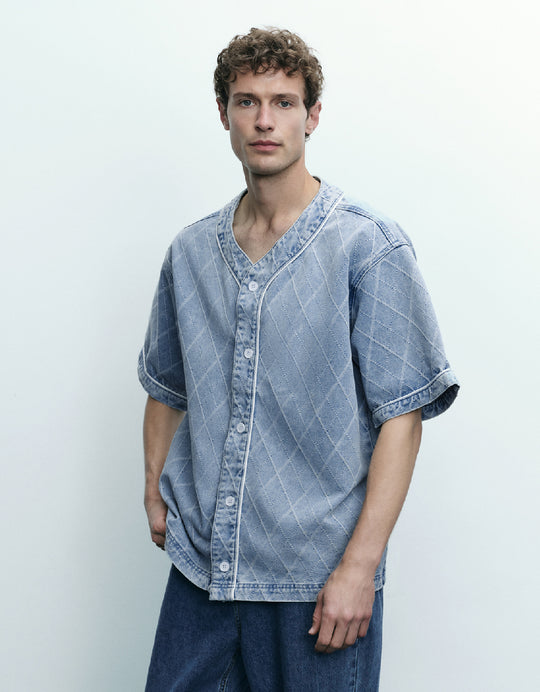 Argyle Printed Oversized Denim Shirt