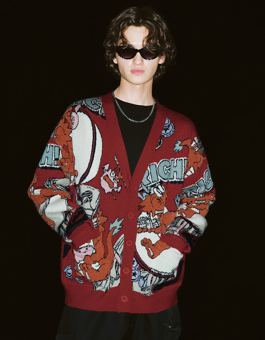 Dragon Embroidered V-Neck Knitted Cardigan