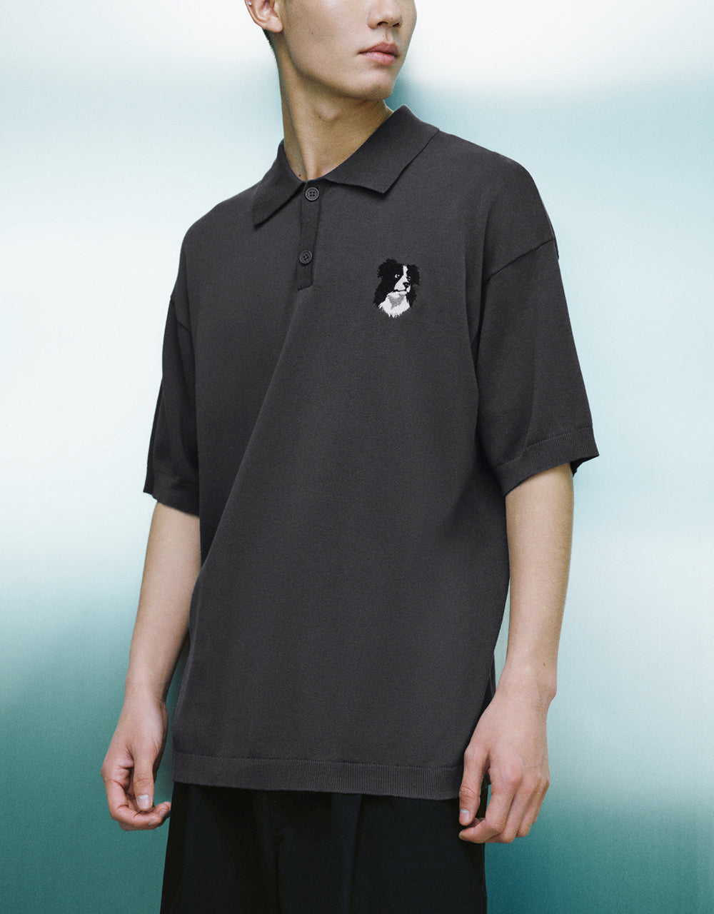 Button Half Placket Embossed Knitted T-Shirt