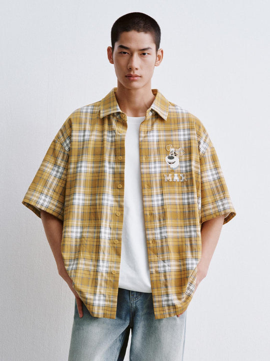 Lapel Collar Cartoon Check Print Cotton Short Sleeve Shirt