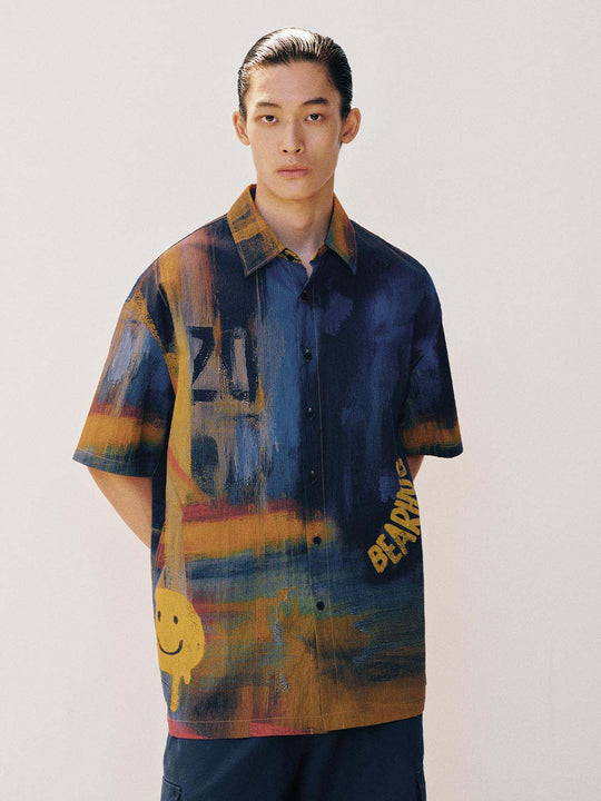 Loose Point Collar Graffiti Print Short Sleeve Shirt