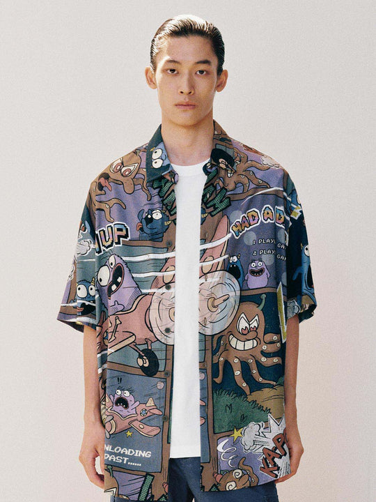 Cartoon Graphic Print Non-Stretch Short Sleeve Shirt