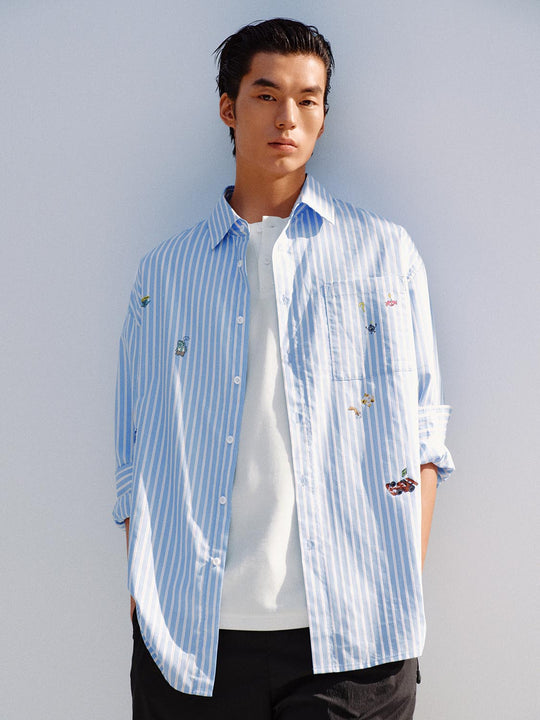 Vertical Striped Embroidered Cotton Shirt