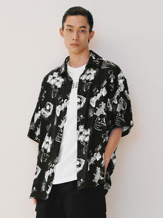 Cartoon Graphic Print Thin Stretch Short Sleeve Shirt