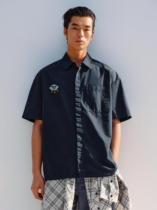 Embroidered Patch Chest Pocket Cotton Short Sleeve Shirt