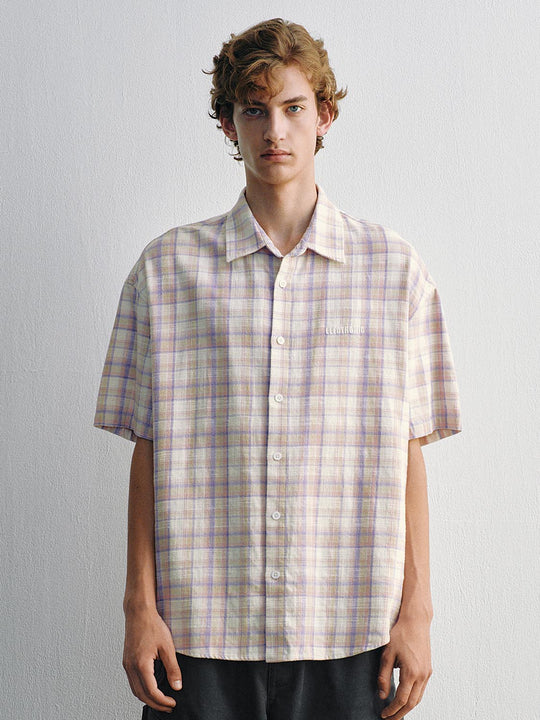 Checked Oversized Collar Short Sleeve Cotton Blend Shirt