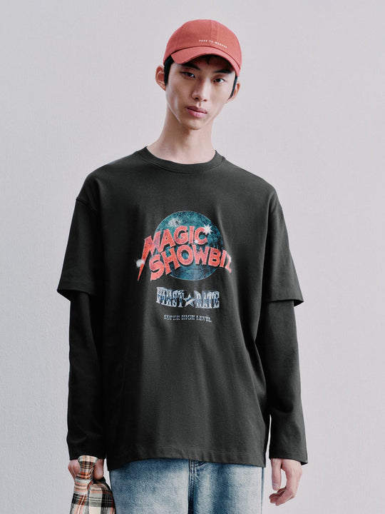 Oversized Graphic Print Layered Sleeve Cotton T-Shirt