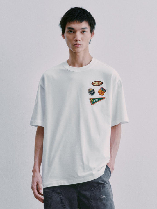Round Neck Patch Embroidered Loose Fit Cotton T-Shirt