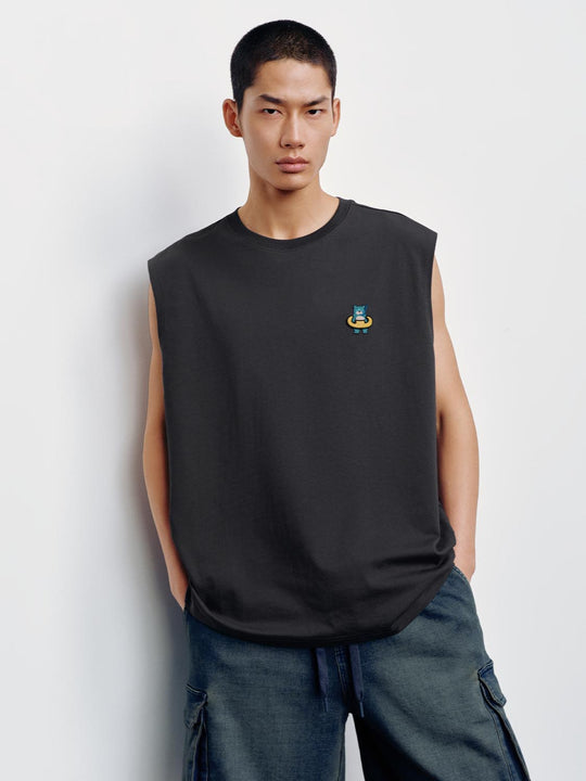 100% Cotton Cat Embroidered Graphic on Tank Top