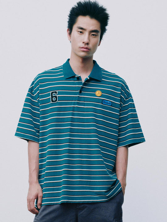 Striped Polo With Emoji Patch And Keypad Patch Cotton Shirt