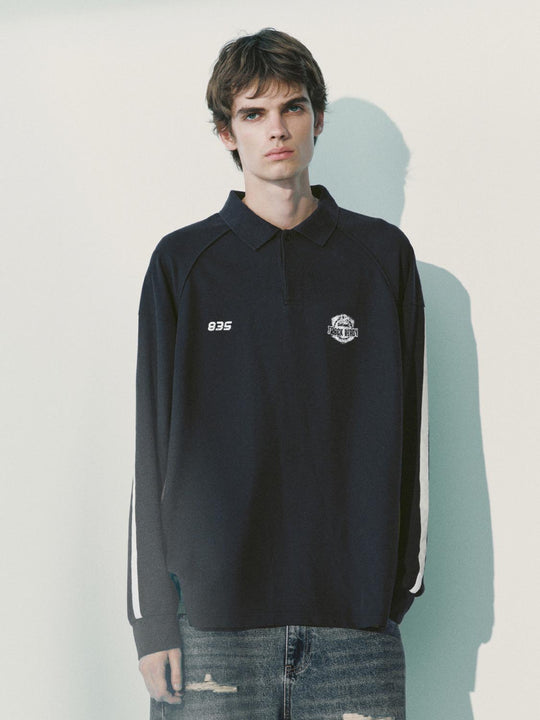 Striped Raglan Long Sleeve Cotton Blend Polo Shirt