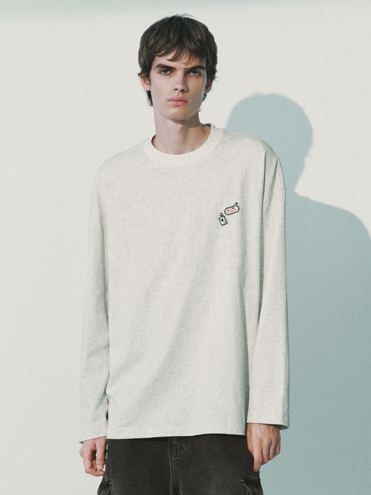 Embroidered Logo Crew Neck Long Sleeve Cotton T-Shirt