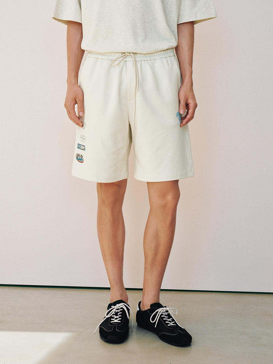 Drawstring Waist Graphic Patch Cotton Casual Shorts