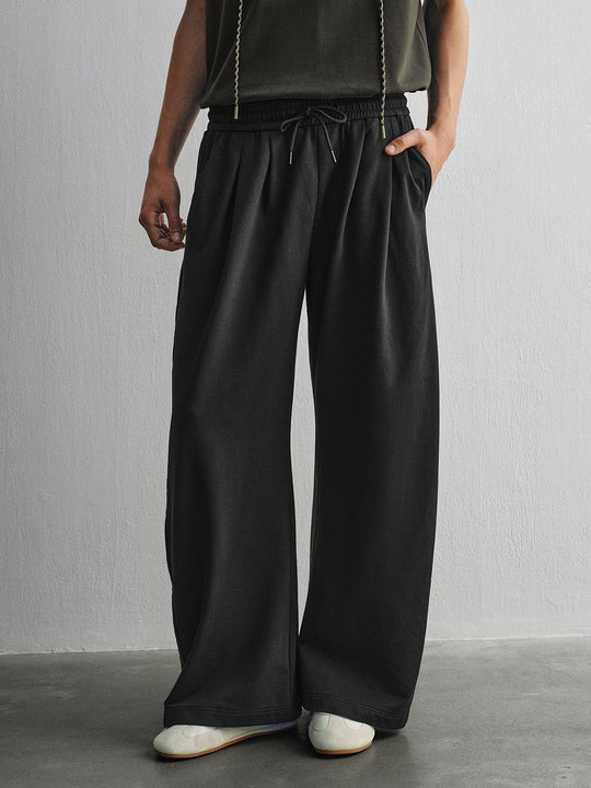 Drawstring Waist Cotton Blend Wide-leg Pants