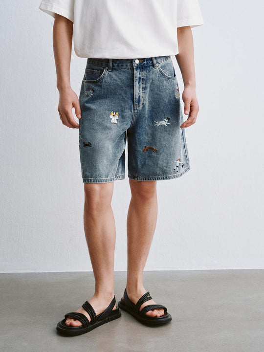 Embroidered Denim Shorts