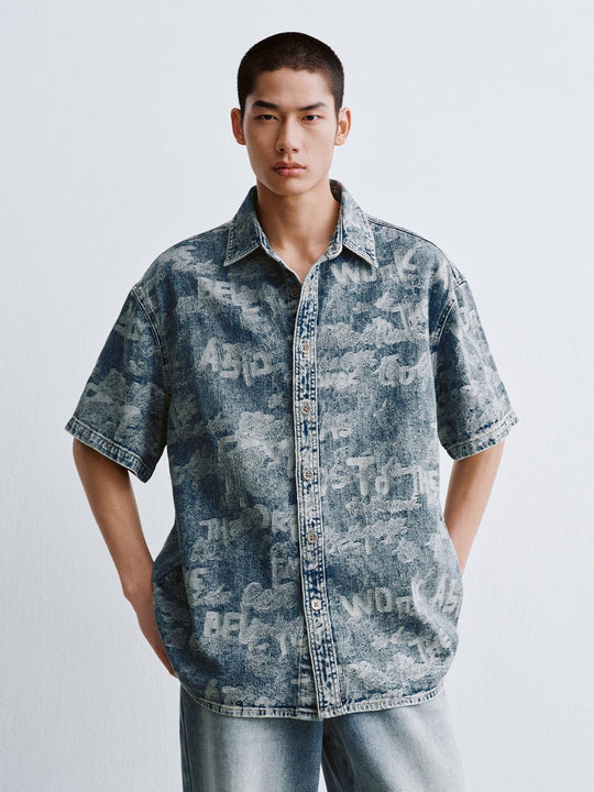 Printed Short Sleeve Denim Shirts