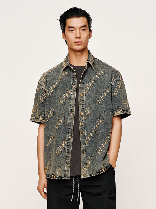 Cotton Textured Denim Short Sleeve Shirts