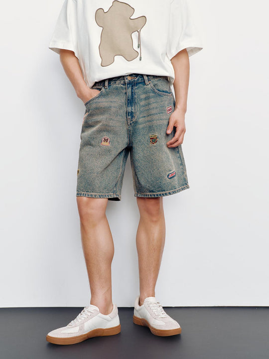 Cotton Patchwork Embroidered Denim Shorts