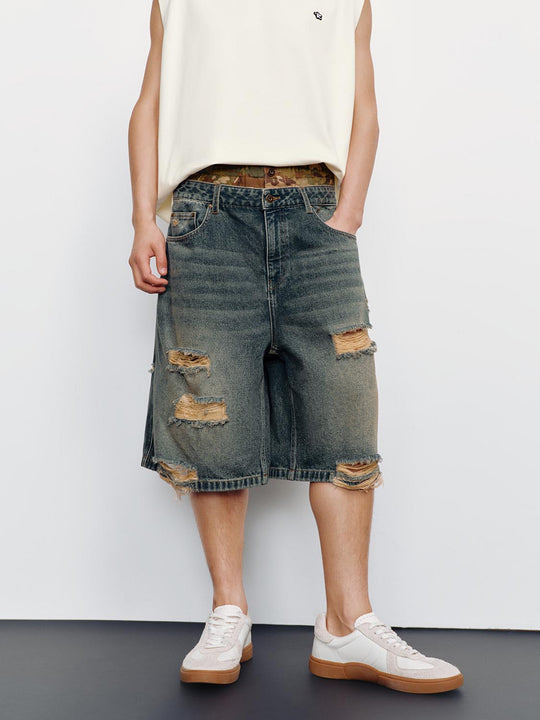 Raw Detail Ripped Panels Denim Shorts
