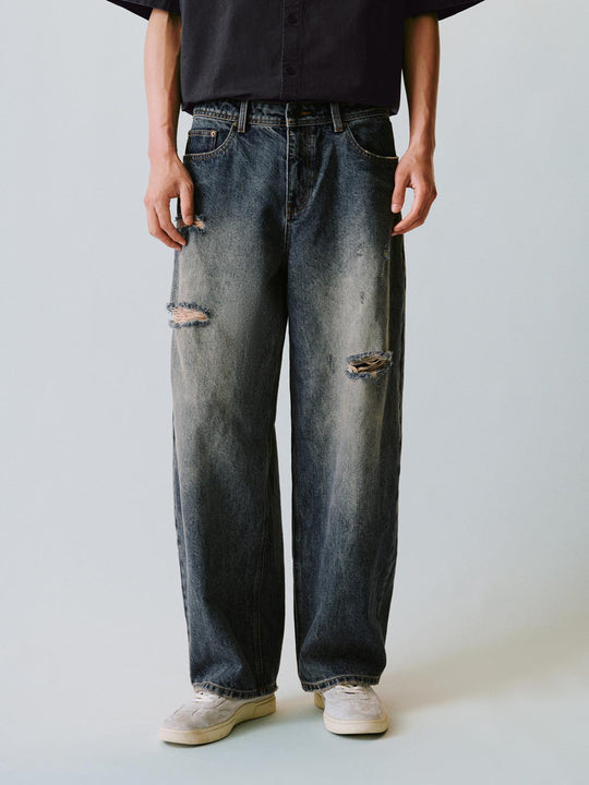 Distressed Bleach Washed Cotton Wide-leg Jeans