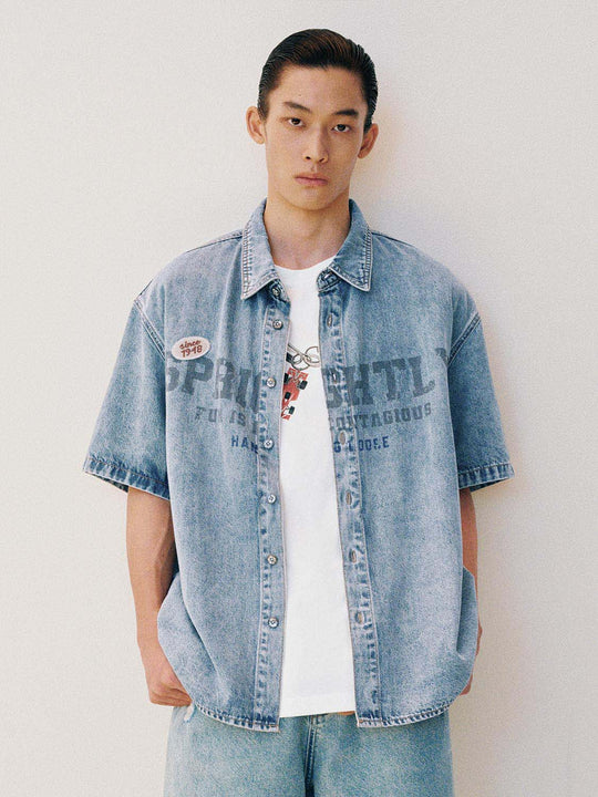 Light Wash Letter Print Loose Short Sleeve Denim Shirt
