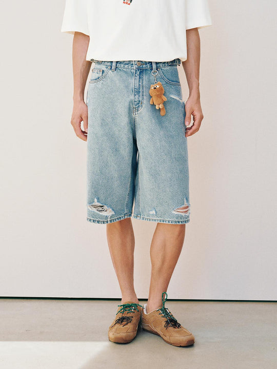 Ripped Distressed Wide-leg Cotton Shorts