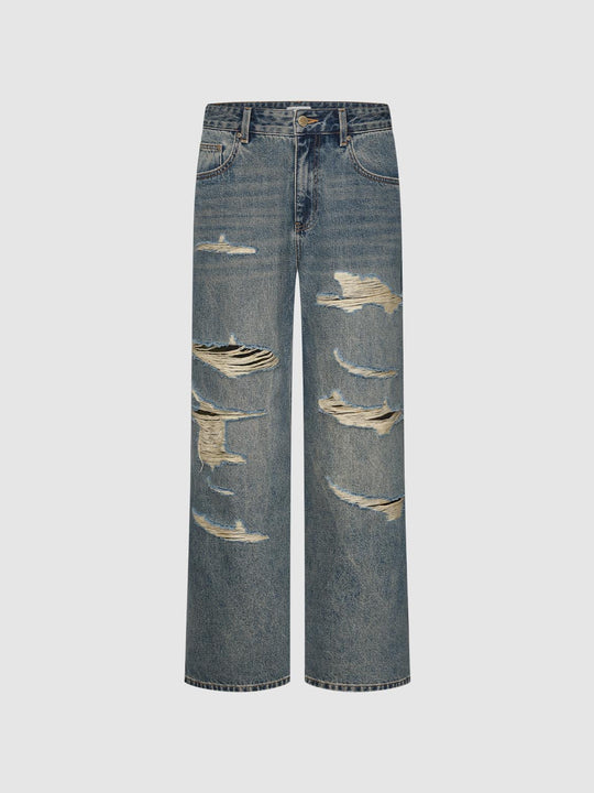 Distressed Mid-waisted Straight-leg Jeans