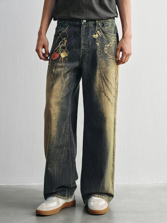 Chain Detail Gradient Wash Cotton Mid-rise Wide-leg Pants