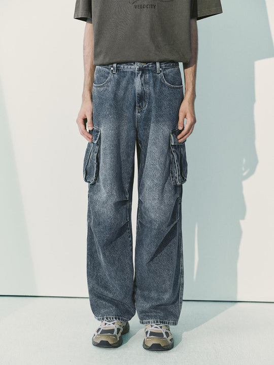 Washed Cargo Pocket Wide-leg Cotton Jeans