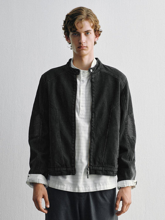 Zipper Front Ribbed Elbow Patch Long Sleeve Cotton Jacket