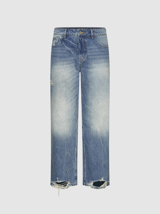 Faded Wash Distressed Raw Hem Straight Cotton Jeans