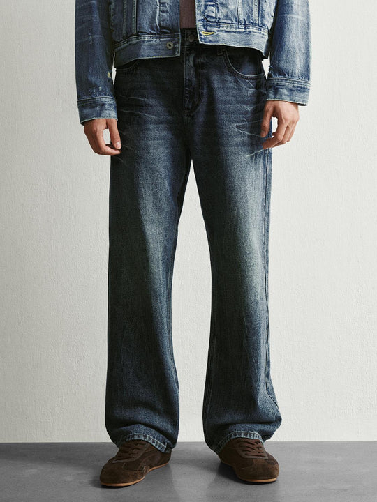 Vintage Washed Wide-leg Mid-rise Cotton Jeans