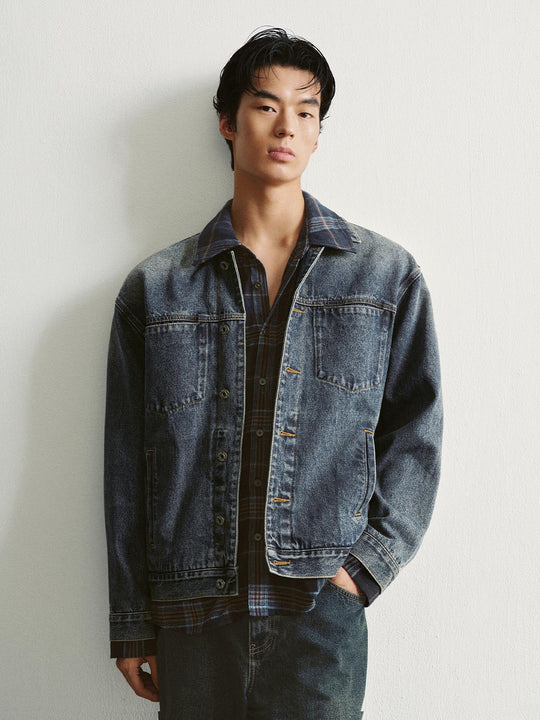 Faded Checked Collar Cotton Long Sleeve Denim Jacket