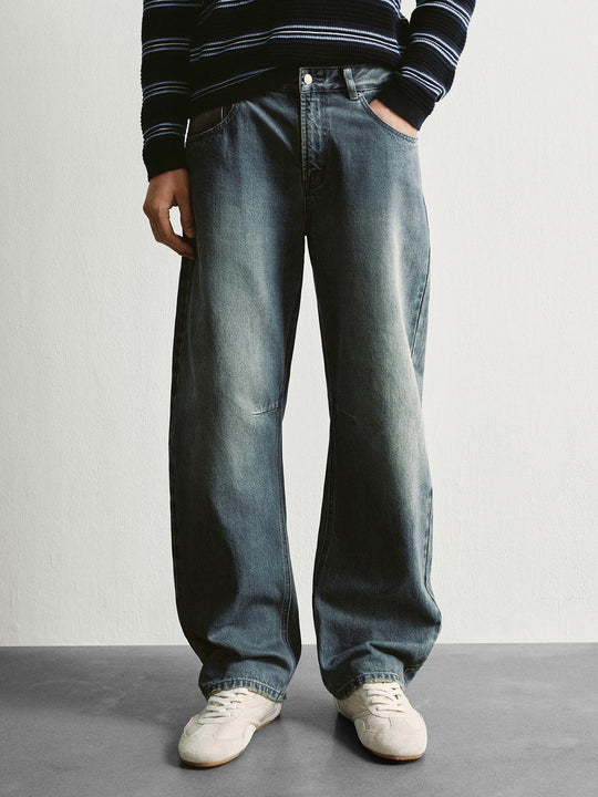 Vintage Washed Mid-rise Wide-leg Cotton Jeans