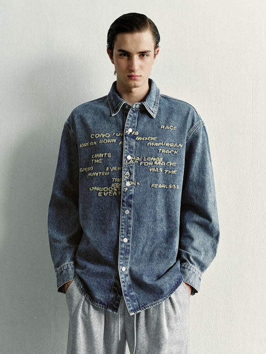 Text Embroidered Long Sleeve Cotton Denim Shirt