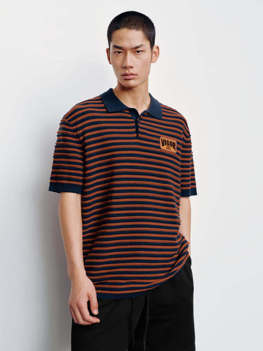 Cotton Striped Knit Polo Collar Short Sleeve Ribbed Cuffs Classic Relaxed Fit T-Shirt