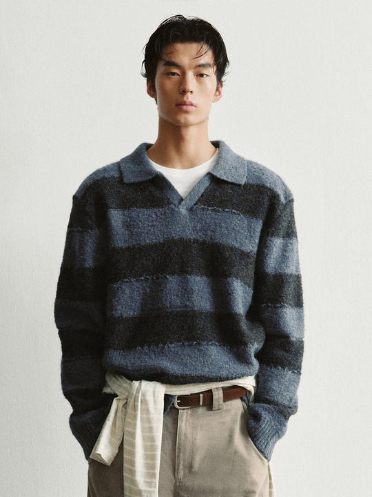 Striped Textured Polo Collar Long Sleeve Knit Pullover