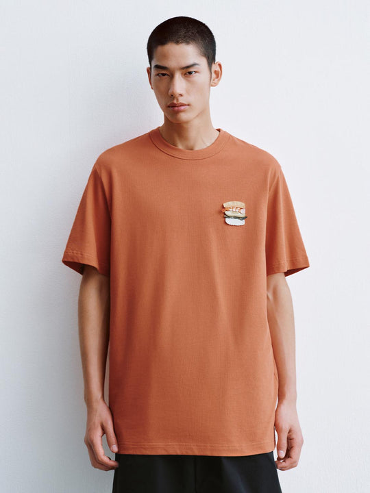 Crew Neck Burger Patch Loose Fit Cotton Short Sleeve T-Shirt