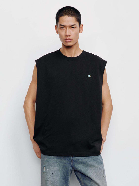 Crew Neck Small Embroidery Loose Stretch Cotton Tank Top