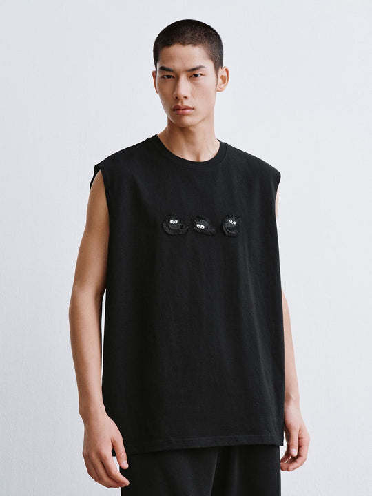 Round Neck Embroidery Cotton Loose Fit Sleeveless Tank Top