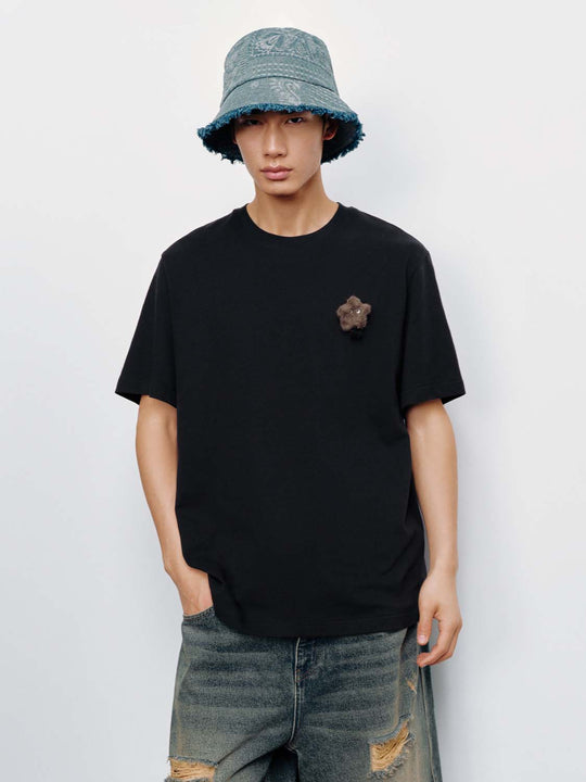Embellished Plush Bear Patch Cotton Crew Neck T-Shirt