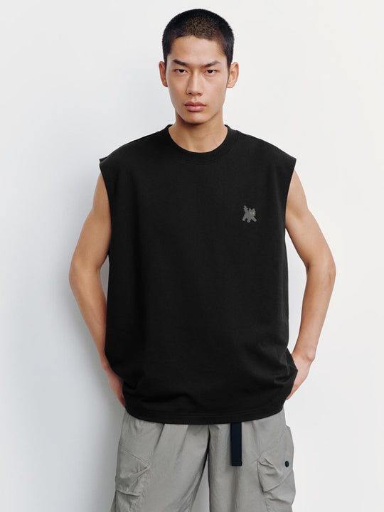 Cotton Black Sleeveless Design With Minimal Logo Tank Tops