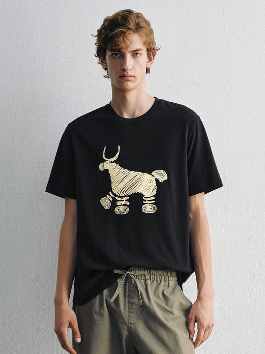 Embroidered Animal Crew Neck Short Sleeve Cotton T-Shirt