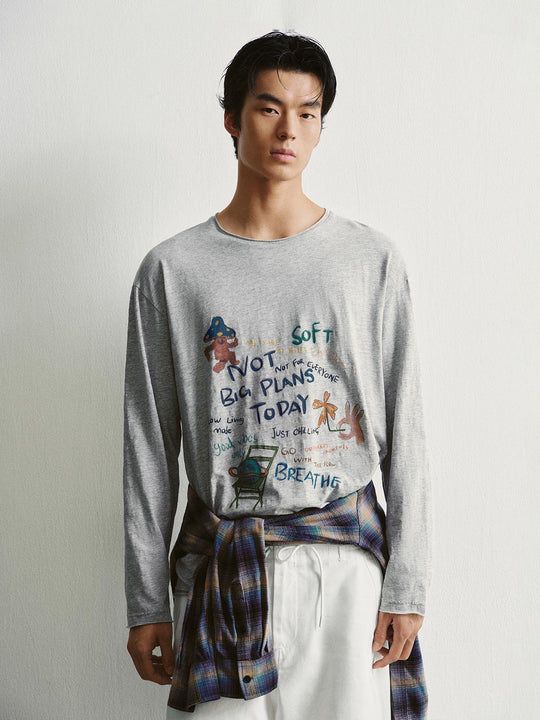 Printed Long Sleeve Crew Neck Cotton T-Shirt