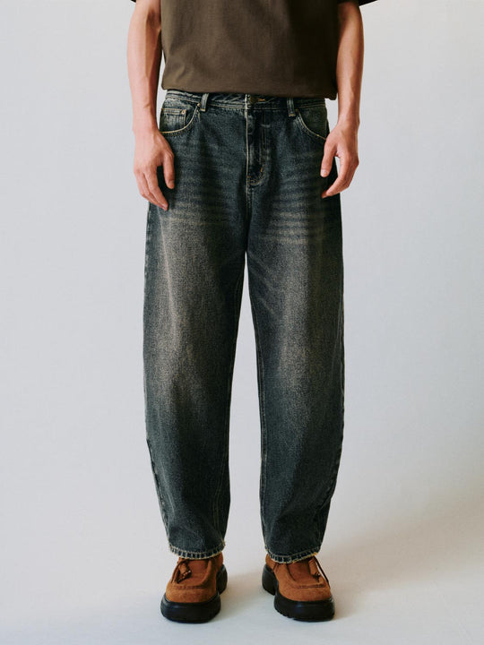 Whiskered Washed Relaxed Wide-leg Cotton Jeans