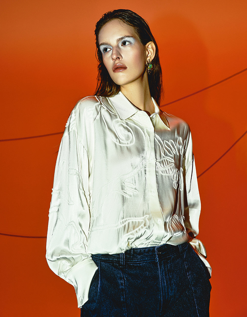Embossed Button Up Straight Shirt