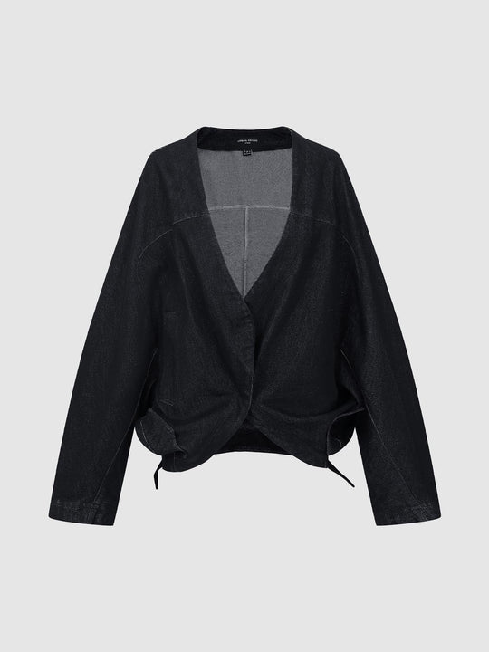 V-Neck Oversized Knot Hem Textured Weave Cotton Jacket
