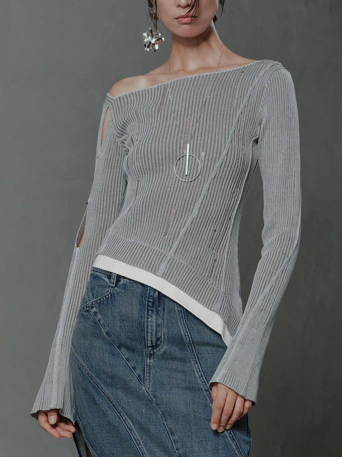 Asymmetric One Shoulder Skinny Knitted T-Shirt