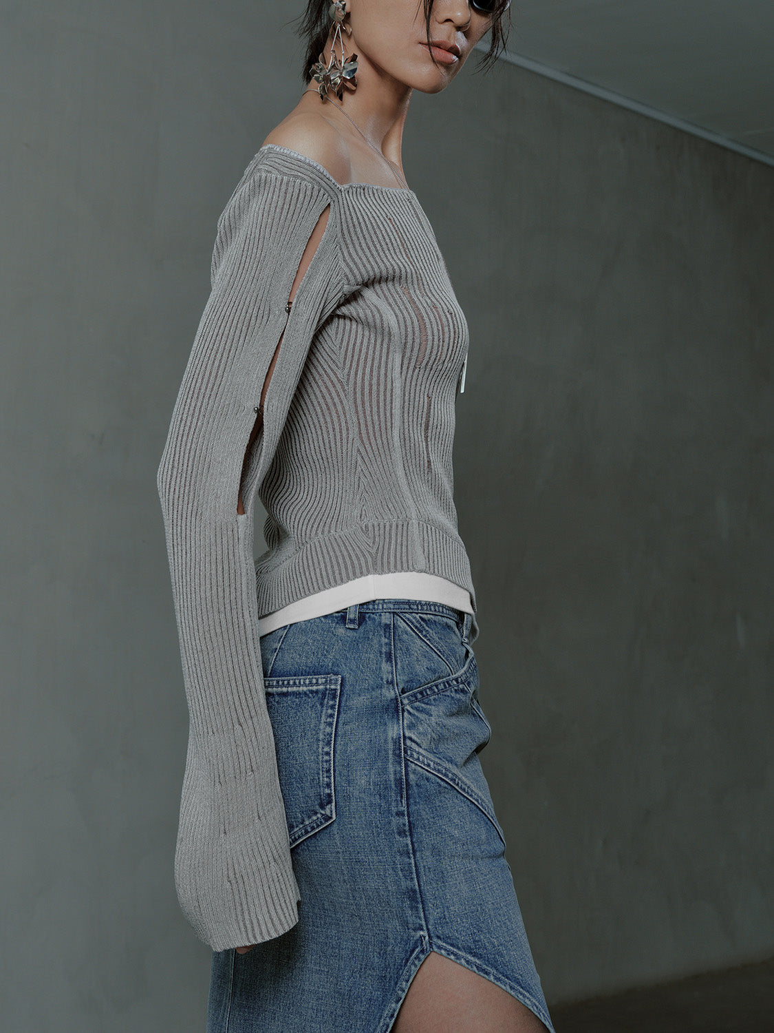 Asymmetric One Shoulder Skinny Knitted T-Shirt